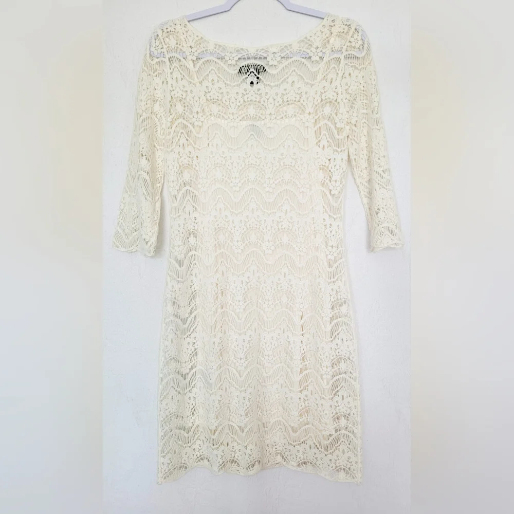 Ralph Lauren 100%Cotton White Crochet Sheath Dress 3/4 Sleeve Crew Neck Lined M - Picture 5 of 16